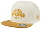 Stylish white snapback hat featuring hibiscus flowers and a rainbow design, perfect for kids' surf and skate lifestyle.