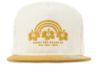 Stylish cream snapback hat featuring a yellow hibiscus design and rainbow graphic, perfect for kids' surf and skate culture.
