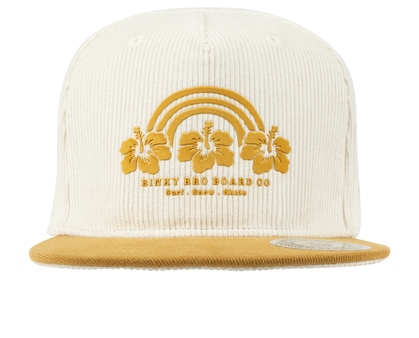 Stylish cream snapback hat featuring a yellow hibiscus design and rainbow graphic, perfect for kids' surf and skate culture.