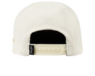Back view of a white corduroy snapback hat with an adjustable strap, featuring a subtle logo detail.