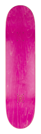 Bright pink skateboard deck with a smooth wood grain finish, featuring a minimalist logo design. Ideal for stylish young skaters.