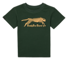 Green toddler t-shirt featuring a leaping cheetah graphic and "BinkyBro Board Co" text in gold. Perfect for active kids.