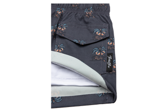 Stylish gray shorts featuring a palm tree pattern, designed for kids with a comfortable inner lining. Perfect for summer adventures.