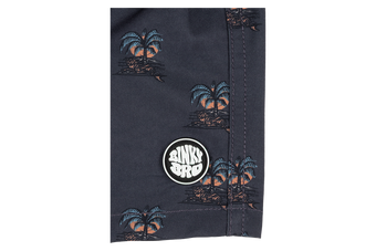 Stylish navy swim shorts featuring a palm tree print and BinkyBro logo, perfect for kids' summer adventures.