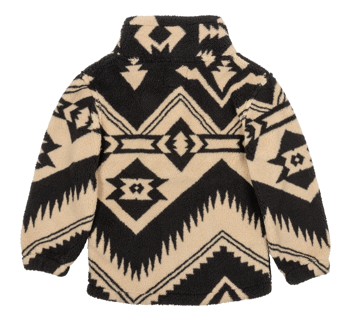 Cozy luxury fleece jacket featuring a bold geometric pattern in black and cream, perfect for stylish warmth.