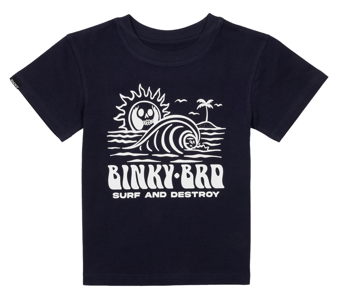 Navy blue t-shirt featuring a surf and destroy graphic with a wave, sun, and palm tree, designed for kids.