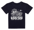 Navy blue t-shirt featuring a surf and destroy graphic with a wave, sun, and palm tree, designed for kids.