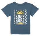 Maritime Blue t-shirt featuring a sun and wave graphic with "BNKY SURF" text, perfect for stylish kids.