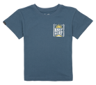 Maritime Blue t-shirt featuring a sun and wave graphic, perfect for stylish kids who love surf culture.