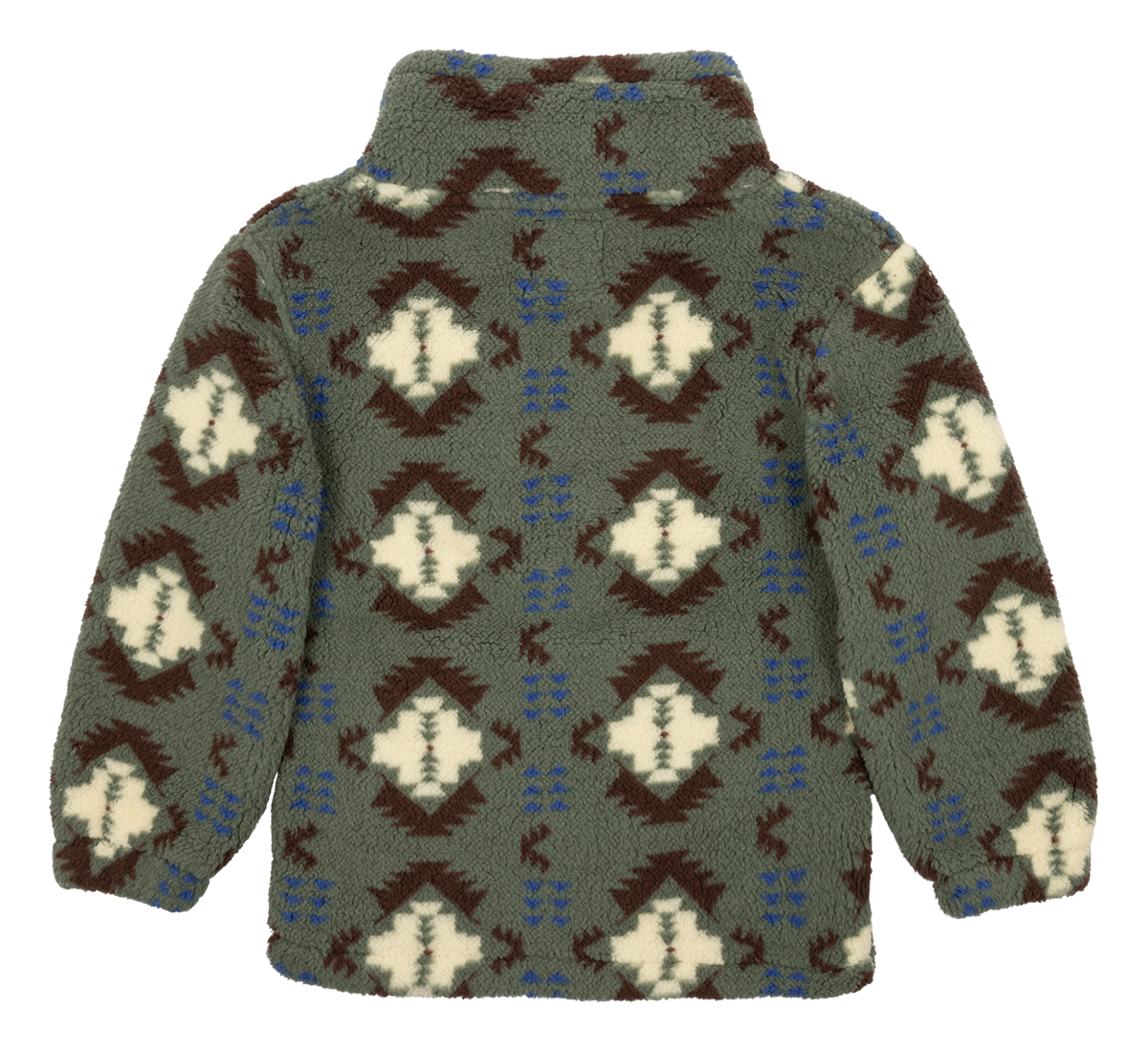 Cozy luxury fleece jacket in green with a tribal pattern, featuring a high collar and long sleeves for warmth.