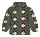Cozy luxury fleece jacket in green with a tribal pattern, featuring a high collar and long sleeves for warmth.