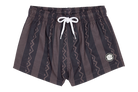 Stylish black swim shorts with a zigzag pattern and white drawstring, perfect for kids' summer adventures.