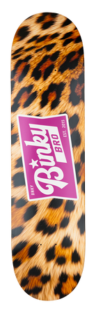 Stylish Miami Triangle skateboard featuring a bold leopard print and vibrant BinkyBro logo, perfect for young skaters.