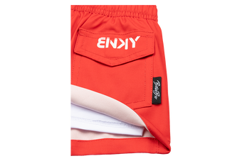 Stylish red shorts featuring a pocket design and BinkyBro logo, perfect for active infants and toddlers.