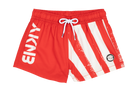 Red swim shorts featuring white stripes and the BinkyBro logo, designed for active kids with a stylish surf-snow-skate vibe.