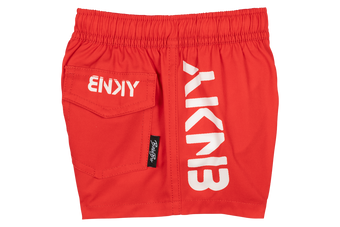 Bright red swim shorts featuring a side pocket and bold white branding, perfect for active kids enjoying summer fun.