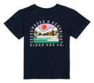 Navy blue t-shirt featuring a colorful graphic of mountains and a sun, with "Binky Bro Co" text, perfect for kids.