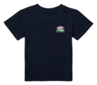 Navy blue t-shirt featuring a colorful graphic design on the chest, perfect for stylish kids' casual wear.