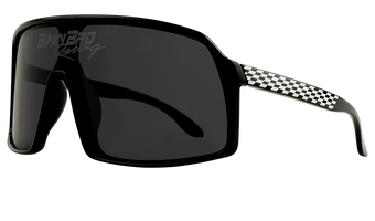 Sleek Monteverde Racing sunglasses with a bold black frame and checkered pattern on the temples, designed for style and performance.