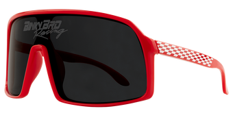 Stylish crimson sunglasses with a bold design and checkered pattern on the temples, perfect for racing enthusiasts.