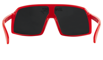 Bold crimson sunglasses with large black lenses, featuring a sporty design ideal for active lifestyles.