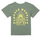 Green toddler t-shirt featuring a yellow shark graphic with the text "Locals Mostly Binky Bro Surf Club" above it.