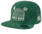 Green corduroy snapback hat featuring a retro palm tree design and "Binky Surf" logo, perfect for kids' stylish outdoor wear.