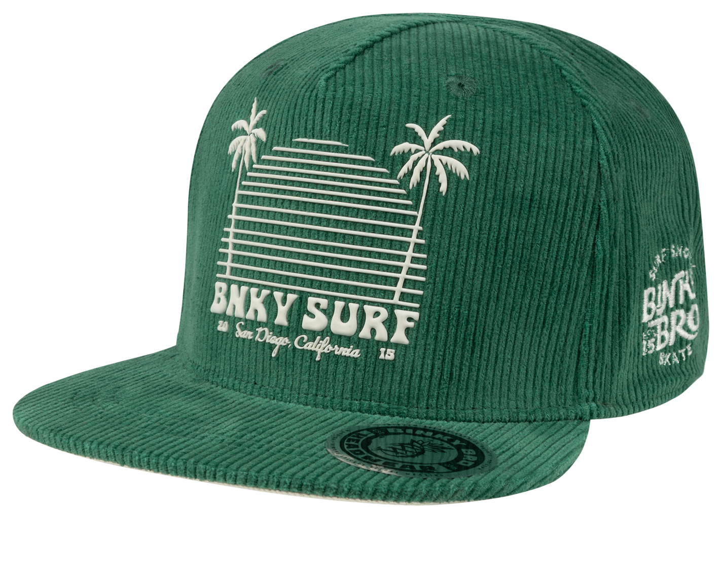 Green corduroy snapback hat featuring a retro palm tree design and "Binky Surf" logo, perfect for kids' stylish outdoor wear.