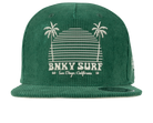 Green corduroy snapback hat featuring a retro sunset design with palm trees and "BNKY SURF San Diego, California" text.