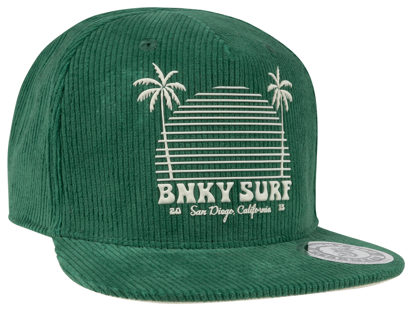Green corduroy snapback hat featuring a retro palm tree graphic and "BNKY SURF" text, perfect for stylish kids.