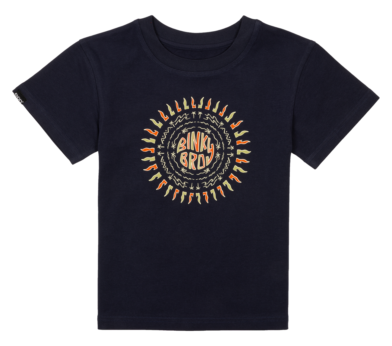 Navy blue toddler t-shirt featuring a vibrant sun design with the text "BinkyBro" in the center, perfect for stylish kids.
