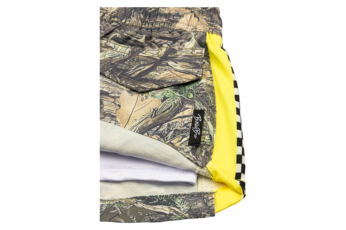 Stylish Norfolk swim shorts featuring a camouflage print with a vibrant yellow accent and checkered details.