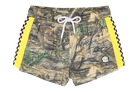 Camo swim shorts with yellow side panels and checkered accents, perfect for kids' summer adventures.