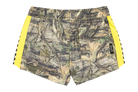 Camo shorts with yellow side panels, designed for active kids, perfect for outdoor adventures and playful days.