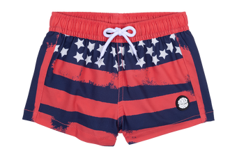 Red swim trunks featuring a distressed American flag design with white stars and a drawstring waist. Ideal for summer fun.