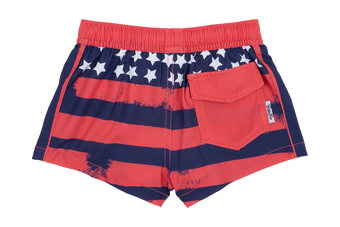 Red swim shorts featuring a distressed American flag design with white stars and a back pocket. Ideal for summer fun.