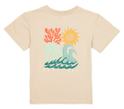 Light beige t-shirt featuring colorful ocean-themed graphics with coral, sun, palm trees, and waves, branded Binky Bro.
