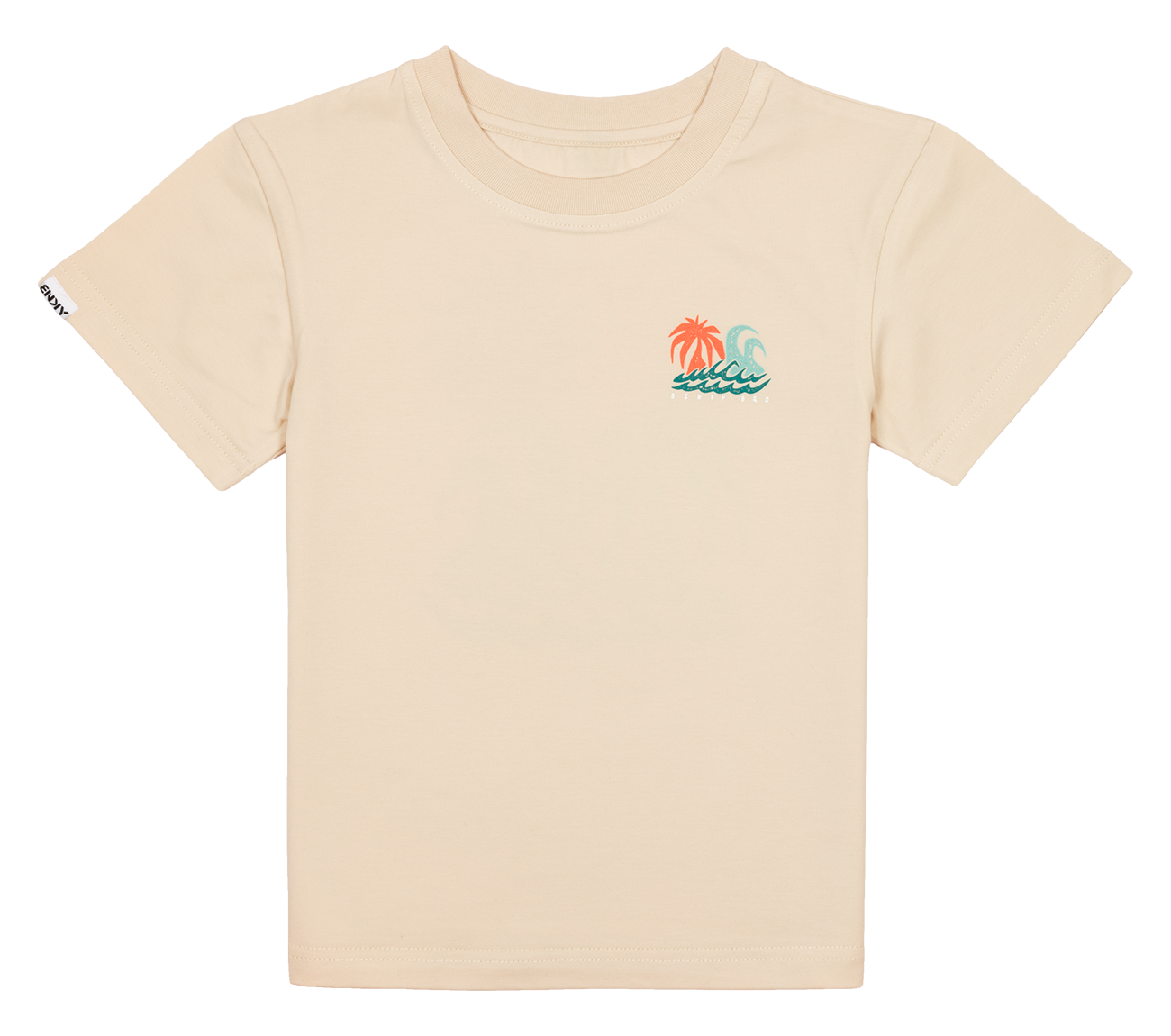 Light beige t-shirt featuring a colorful ocean scene with palm trees and waves, perfect for kids' casual wear.