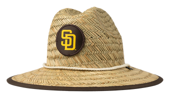Stylish straw sun hat featuring a San Diego Padres logo, perfect for kids who love baseball and outdoor adventures.