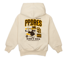 Cream hoodie featuring Padres Friar graphic, playful design with surf and skate elements for kids.