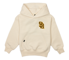 Bone-colored Padres Friar hoodie featuring a San Diego Padres logo on the chest and a front pocket for kids.