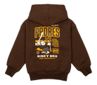 Brown Padres Friar hoodie featuring a playful graphic of the Friar mascot, surf and skate-inspired design for kids.