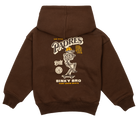 Brown hoodie featuring a San Diego Padres skeleton graphic on the back, designed for kids with a surf-snow-skate vibe.