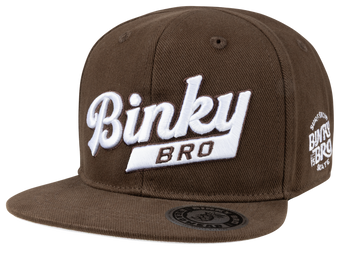 Brown snapback hat featuring bold white "Binky Bro" logo and side branding, designed for stylish kids and toddlers.