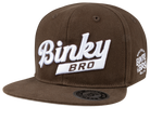 Brown snapback hat featuring bold white "Binky Bro" logo and side branding, designed for stylish kids and toddlers.