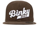Stylish brown snapback hat featuring bold white "Binky Bro" logo, perfect for infants and toddlers.