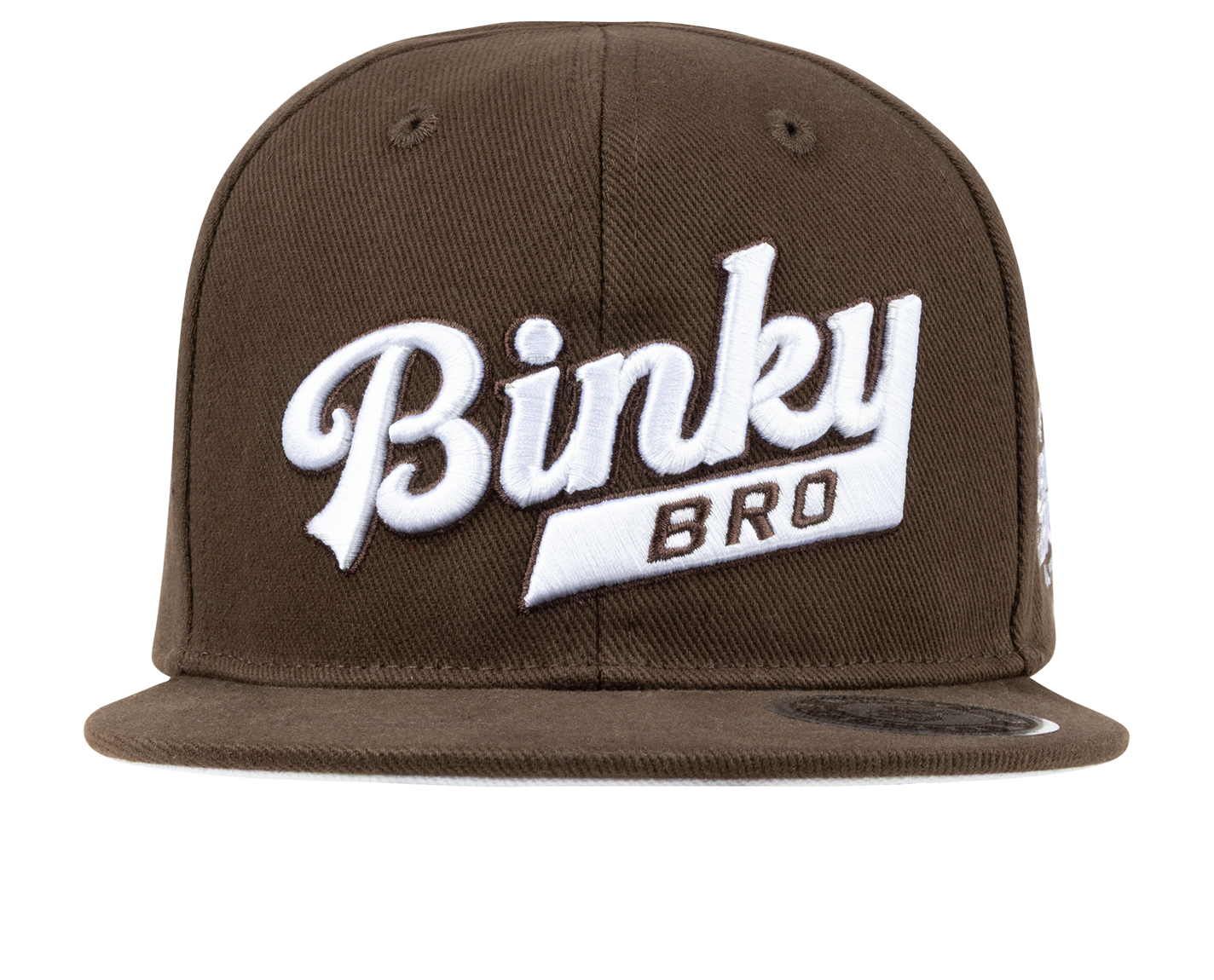 Stylish brown snapback hat featuring bold white "Binky Bro" logo, perfect for infants and toddlers.