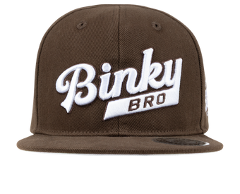 Stylish brown snapback hat featuring bold white "Binky Bro" logo, perfect for infants and toddlers.