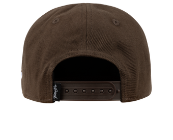 Brown snapback hat with an adjustable strap and logo tag, designed for kids with a stylish, outdoor vibe.