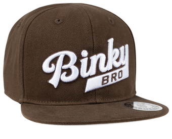 Brown snapback hat featuring a white embroidered "Binky Bro" logo, designed for stylish infants and toddlers.